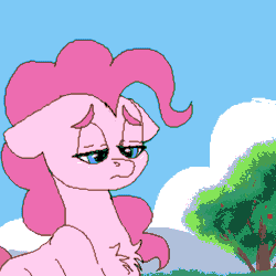 Size: 1000x1000 | Tagged: source needed, safe, artist:brainiac, pinkie pie, earth pony, pony, animated, armpits, blushing, bushy brows, chest fluff, cute, diapinkes, eyes closed, female, floating heart, floppy ears, gif, heart, heart eyes, mare, pixel art, ponk, smiling, solo, tree, underhoof, waving, wingding eyes