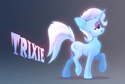 Size: 7208x4848 | Tagged: safe, artist:xbi, trixie, pony, unicorn, g4, absurd resolution, chest fluff, cute, diatrixes, female, gradient background, mare, side view, smiling, solo, text, walking