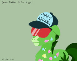 Size: 1024x805 | Tagged: safe, artist:rockhoppr3, horse, 420, c.h.e.r.u.b, drugs, floppy ears, hat, hellaverse, helluva boss, mare ajuana, marijuana, name pun, pun, reference, reference to another series, solo, sunglasses