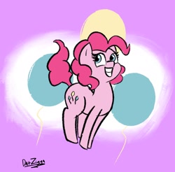 Size: 1827x1796 | Tagged: safe, artist:datzigga, pinkie pie, earth pony, pony, g4, balloon, cute, cutie mark background, diapinkes, pronking, smiling, solo