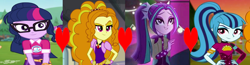 Size: 9000x2355 | Tagged: safe, edit, edited screencap, screencap, adagio dazzle, aria blaze, sci-twi, sonata dusk, twilight sparkle, equestria girls, equestria girls specials, find the magic, g4, my little pony equestria girls: better together, my little pony equestria girls: rainbow rocks, my little pony equestria girls: sunset's backstage pass, heart, polyamory, polygamy, shipping, shipping domino