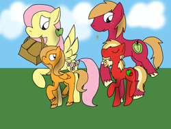 Size: 4000x3000 | Tagged: safe, artist:stormthepony, big macintosh, fluttershy, oc, oc:honeycrisp, oc:monarch butterfly, earth pony, pegasus, pony, g4, basket, earth pony oc, family, female, filly, flower, freckles, grass, male, mare, offspring, parent:big macintosh, parent:fluttershy, parents:fluttermac, pegasus oc, picnic basket, ship:fluttermac, shipping, siblings, sisters, stallion, straight
