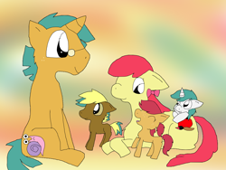 Size: 2000x1500 | Tagged: safe, artist:stormthepony, apple bloom, snails, oc, oc:puppy-dog tails, oc:spice, oc:sugar, earth pony, pony, unicorn, g4, abstract background, colt, earth pony oc, family, female, filly, floppy ears, freckles, glasses, horn, lying down, male, mother and child, offspring, olde snails, older, older apple bloom, parent:apple bloom, parent:snails, parents:snailbloom, ship:snailbloom, shipping, sitting, straight, unicorn oc