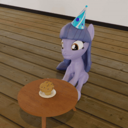 Size: 1080x1080 | Tagged: safe, artist:the luna fan, derpibooru exclusive, oc, oc only, oc:cosmia nebula, earth pony, pony, 3d, animated, birthday, blender, food, happy, hat, muffin, no sound, party hat, smiling, solo, table, webm