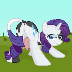 Size: 2000x2000 | Tagged: safe, artist:grapefruit-face, rarity, cow, cow pony, pony, unicorn, g4, ass up, atom heart mother, base used, bedroom eyes, butt, classic rock ponies, cowified, featureless crotch, field, high res, looking at you, looking back, looking back at you, pink floyd, plot, ponified, ponified album cover, progressive rock, raricow, rearity, show accurate, solo, species swap, standing, tree, udder