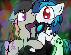 Size: 1000x768 | Tagged: safe, artist:stormthepony, dj pon-3, octavia melody, vinyl scratch, earth pony, pony, unicorn, g4, blushing, boop, bow, female, glasses off, hair bow, lesbian, mare, noseboop, rave, ship:scratchtavia, shipping, tail bow, turntable