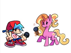 Size: 1024x770 | Tagged: safe, artist:elcy_bellcup, luster dawn, human, pony, unicorn, g4, the last problem, boyfriend (friday night funkin), crossover, duo, female, friday night funkin', male, microphone, simple background, smiling, white background