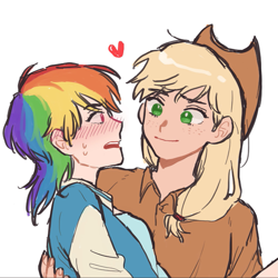 Size: 1079x1077 | Tagged: safe, artist:papu, applejack, rainbow dash, human, g4, brushing, clothes, female, freckles, heart, humanized, lesbian, looking at each other, ship:appledash, shipping, simple background, white background