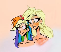 Size: 789x669 | Tagged: safe, artist:citi, applejack, rainbow dash, human, g4, bare shoulders, ear piercing, female, freckles, humanized, lesbian, looking at each other, piercing, ship:appledash, shipping, simple background