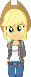 Size: 941x2331 | Tagged: safe, artist:mr-breadman, applejack, equestria girls, g4, clothes, cute, female, jackabetes, jacket, png, show accurate, simple background, smiling, solo, transparent background, vector