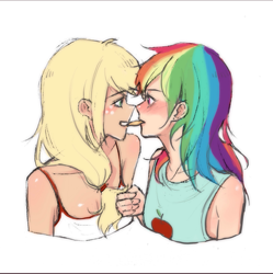 Size: 1079x1085 | Tagged: safe, artist:ycx23, applejack, rainbow dash, human, g4, bare shoulders, brushing, clothes, female, food, freckles, humanized, lesbian, looking at each other, ship:appledash, shipping, sleeveless