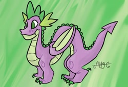 Size: 1080x736 | Tagged: safe, artist:random_glitter_productions, spike, dragon, g4, abstract background, signature, smiling, solo, winged spike, wings