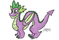 Size: 1080x736 | Tagged: safe, alternate version, artist:random_glitter_productions, spike, dragon, g4, signature, simple background, smiling, solo, white background, winged spike, wings