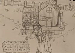 Size: 1080x763 | Tagged: safe, artist:random_glitter_productions, oc, oc only, earth pony, pony, barn, earth pony oc, lineart, outdoors, signature, smiling, solo, stardew valley, traditional art
