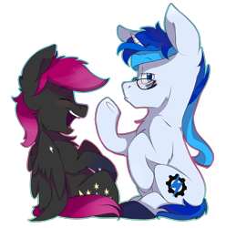 Size: 1616x1632 | Tagged: safe, artist:cookietasticx3, oc, oc only, pegasus, pony, unicorn, glasses, horn, laughing, open mouth, pegasus oc, simple background, transparent background, underhoof, unicorn oc