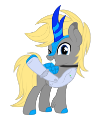 Size: 1605x2000 | Tagged: safe, artist:ragedox, oc, oc only, oc:allen scout, cyborg, kirin, pony, blue, blue eyes, gray, happy, horn, looking at you, male, metal, scales, simple background, smiling, solo, transparent background, vector, wave, yellow mane