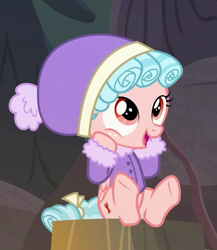 Size: 534x616 | Tagged: safe, screencap, cozy glow, pegasus, pony, frenemies (episode), g4, cheek squish, clothes, cozybetes, cropped, cute, open mouth, sitting, smiling, solo, squishy cheeks, tree stump, winter outfit