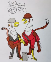 Size: 2417x2904 | Tagged: safe, artist:agdapl, griffon, bucket, clothes, crossover, dialogue, duo, griffonized, helmet, high res, male, signature, species swap, traditional art