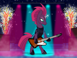 Size: 1024x768 | Tagged: safe, artist:tim-kangaroo, fizzlepop berrytwist, tempest shadow, pony, unicorn, g4, my little pony: the movie, armor, broken horn, electric guitar, fanart, fireworks, guitar, hoof hold, horn, looking down, magic, musical instrument, playing instrument, rock (music), rocking out, spotlight, stage