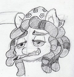 Size: 1130x1175 | Tagged: safe, artist:lost marbles, tree hugger, earth pony, pony, g4, bloodshot eyes, bust, drugs, marijuana, monochrome, mouth hold, pencil drawing, solo, traditional art