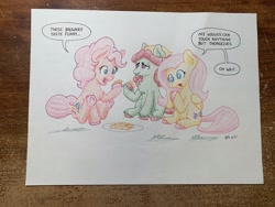 Size: 4032x3024 | Tagged: safe, artist:lost marbles, fluttershy, pinkie pie, tree hugger, earth pony, pegasus, pony, g4, brownie, colored pencil drawing, female, food, high res, mare, smiling, traditional art, trio, trio female