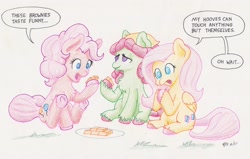 Size: 3249x2067 | Tagged: safe, artist:lost marbles, fluttershy, pinkie pie, tree hugger, earth pony, pegasus, pony, g4, colored pencil drawing, dialogue, female, high res, mare, simple background, sitting, smiling, talking, traditional art, trio, trio female, white background