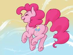 Size: 3500x2670 | Tagged: safe, artist:taytinabelle, pinkie pie, earth pony, pony, g4, balloonbutt, bouncing, butt, chest fluff, cute, diapinkes, dock, dot matrix, ear fluff, eyes closed, female, gradient background, happy, high res, jumping, leg fluff, mare, music notes, open mouth, plot, png, raised hoof, raised tail, rear view, shading, smiling, solo, tail, underhoof, unshorn fetlocks