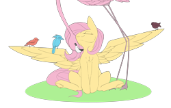 Size: 3800x2400 | Tagged: safe, artist:chapaevv, fluttershy, bird, flamingo, pegasus, pony, chest fluff, cute, daaaaaaaaaaaw, eyes closed, female, high res, mare, nose in the air, patreon, patreon reward, png, shyabetes, simple background, sitting, sitting on wing, solo, spread wings, that pony sure does love animals, transparent background, underhoof, wings