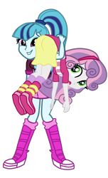 Size: 2338x3847 | Tagged: safe, alternate character, alternate version, artist:gmaplay, sonata dusk, sweetie belle, equestria girls, g4, ass, butt, carried, carry, cute, duo, high res, kidnapped, ots carry, over the shoulder, simple background, sonatabetes, sweetie belle is not amused, sweetie butt, transparent background, unamused
