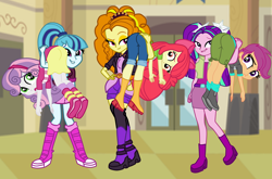 Size: 6280x4133 | Tagged: safe, artist:gmaplay, adagio dazzle, apple bloom, aria blaze, scootaloo, sonata dusk, sweetie belle, equestria girls, g4, absurd resolution, ass, bloom butt, butt, canterlot high, carried, carry, female, kidnapped, ots carry, over the shoulder, scootabutt, sweetie butt, the dazzlings