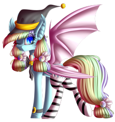 Size: 2381x2519 | Tagged: safe, artist:mediasmile666, oc, oc only, bat pony, pony, bat pony oc, bat wings, cute, cute little fangs, fangs, female, hat, high res, looking at you, looking back, looking back at you, mare, one eye closed, simple background, slit pupils, solo, spread wings, standing, transparent background, wings, wink, witch hat