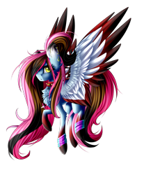 Size: 1317x1593 | Tagged: safe, artist:fellabyss, artist:mediasmile666, oc, oc only, oc:media smile, pegasus, pony, collar, ear piercing, earring, female, flying, jewelry, mare, pendant, piercing, simple background, solo, spiked collar, spread wings, transparent background, two toned wings, wings