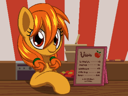 Size: 800x600 | Tagged: safe, artist:rangelost, oc, oc only, oc:autumn gold, earth pony, pony, cyoa:d20 pony, female, looking at you, mare, pixel art, shop, solo