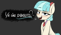 Size: 2815x1642 | Tagged: safe, artist:pinkberry, coco pommel, earth pony, pony, g4, blushing, coco is an anal slut, colored, female, freckles, gray background, innuendo, mare, simple background, sketch, solo, speech, talking, text