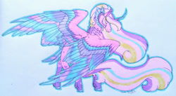 Size: 1920x1049 | Tagged: safe, artist:oneiria-fylakas, princess cadance, alicorn, pony, g4, alternate design, colored wings, curved horn, female, horn, jpg, mare, multicolored wings, neck fluff, solo, tail feathers, traditional art, wings