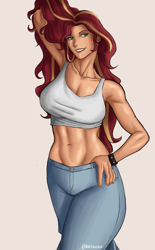 Size: 4961x8016 | Tagged: safe, artist:nire, sunset shimmer, equestria girls, g4, belly button, breasts, busty sunset shimmer, cleavage, clothes, female, hand in pants, jeans, pants, short shirt, smiling, solo, spiked wristband, wristband