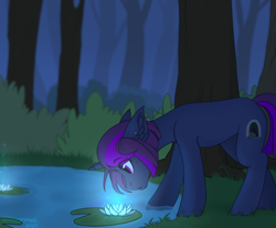 Size: 2998x2477 | Tagged: source needed, safe, artist:sinner_png, oc, oc only, oc:asphyxia, pony, unicorn, female, flower, forest, high res, lilypad, pond, solo