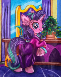 Size: 1280x1606 | Tagged: safe, artist:estrellasombria, phyllis, starlight glimmer, pony, unicorn, g4, the last problem, clothes, colored pencil drawing, headmare starlight, philodendron, skirt, smiling, solo, suit, traditional art