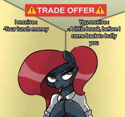 Size: 1394x1304 | Tagged: safe, artist:n-o-n, oc, oc only, oc:jessi-ka, earth pony, pony, bully, bullying, clothes, digital art, female, hooves together, looking at you, mare, meme, necktie, ponified meme, rude, smiling, smiling at you, solo, trade offer