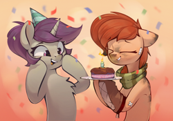 Size: 1508x1053 | Tagged: safe, artist:rexyseven, oc, oc only, oc:lavrushka, oc:rusty gears, earth pony, pony, unicorn, cake, cute, female, food, hat, mare, ocbetes, party hat