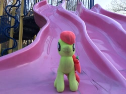Size: 3264x2448 | Tagged: safe, artist:topsangtheman, peachy sweet, earth pony, pony, g4, apple family member, high res, irl, looking at you, photo, playground, plushie, slide, solo