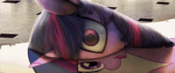 Size: 1261x524 | Tagged: source needed, safe, artist:chryseum, artist:equum_amici, twilight sparkle, pony, unicorn, g4, 3d, animated, cinemagraph, creepy, eye shimmer, female, fourth wall, looking at you, lying down, mare, mind screw, nightmare fuel, no sound, on side, open mouth, paper, portal, realistic, smiling, solo, surreal, uncanny valley, webm, what has magic done, wide eyes