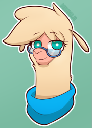 Size: 687x956 | Tagged: safe, artist:hitsuji, oc, oc:shio (hitsuji), alpaca, them's fightin' herds, clothes, community related, female, glasses, looking at you, scarf, simple background, smiling, solo, tfh oc