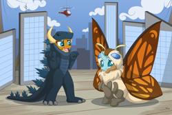 Size: 3300x2200 | Tagged: safe, artist:sirzi, ocellus, smolder, changedling, changeling, dragon, g4, clothes, commission, cosplay, costume, cute, diaocelles, dragoness, duo, duo female, female, godzilla, godzilla (series), high res, mothra, movie set, png, smolderbetes