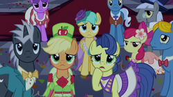 Size: 1920x1080 | Tagged: safe, screencap, apple bloom, applejack, caesar, count caesar, dark moon, graphite, masquerade, north star, perfect pace, perry pierce, pokey pierce, sunshower raindrops, earth pony, pegasus, pony, unicorn, g4, make new friends but keep discord, season 5, clothes, dress, female, gala dress, male, mare, stallion