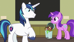 Size: 1920x1080 | Tagged: safe, screencap, amethyst star, shining armor, sparkler, pony, unicorn, a flurry of emotions, g4, 1080p, apple core, eye contact, female, looking at each other, male, mare, stallion, trash can