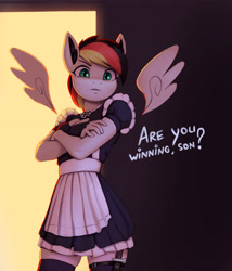 Size: 3232x3774 | Tagged: safe, artist:mrscroup, oc, oc only, oc:anja snow, pegasus, anthro, adorasexy, anthro oc, boob window, clothes, cute, fangs, female, floating wings, german, heart shaped boob window, high res, horn, iron cross, knife, looking at you, maid, mare, mother, sexy, skirt, socks, solo, thigh highs, wings