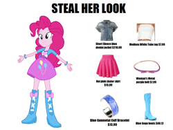 Size: 1380x1040 | Tagged: safe, pinkie pie, equestria girls, g4, belt, boots, bow, bracelet, clothes, jacket, jewelry, knee-high boots, meme, prices, shoes, skirt, solo, steal her look, tube top