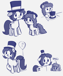 Size: 2505x3000 | Tagged: safe, artist:heretichesh, oc, oc:hattsy, oc:lil beret, oc:whinny, earth pony, pony, balloon, beret, blushing, bow, cute, dialogue, distressed, family, female, fork, hair bow, happy, hat, high res, knife, mother and child, mother and daughter, parent:pinkie pie, plate, pregnant, small headwear humiliation, standing, text, top hat, unamused
