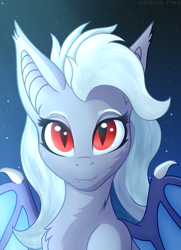Size: 940x1300 | Tagged: safe, artist:xeniusfms, oc, oc:evening chill, bat pony, commission, fangs, female, looking at you, slit pupils, smiling, ych result